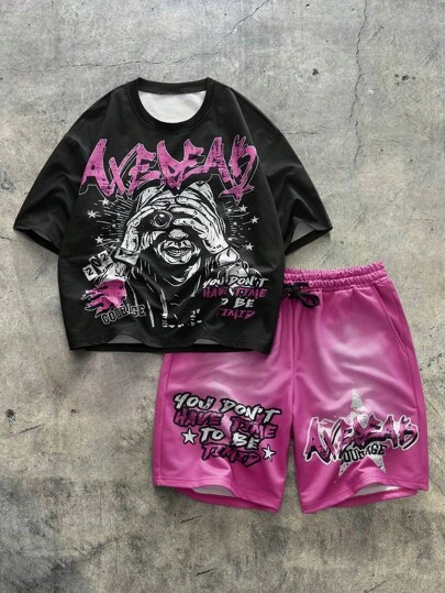 AXEPEAK 男士夏季休闲标语印花T恤和短裤套装