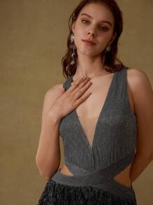 MOTF PREMIUM PLUNGING NECK CUTOUT WAIST LAYERED RUFFLE HEM SPLIT THIGH MAXI DRESS - Multicolor - View 6