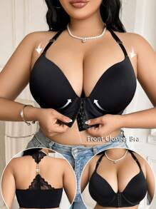 SHEIN 1pc Plus Size Lace Patchwork Front Close Racerback Underwire Bra - Black - View 3