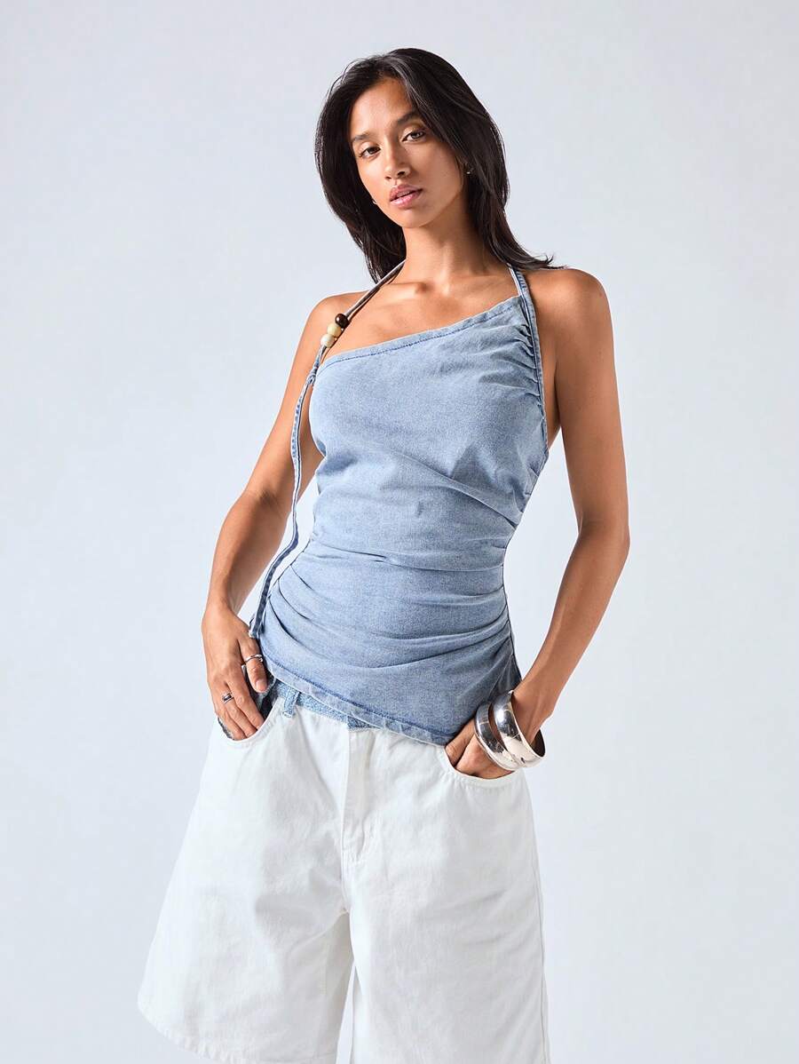 LYSMO Chaqueta vaquera azul para mujer con detalles fruncidos y tirantes ajustables para el verano - Azul - Ver 1