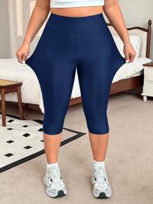 SHEIN EZwear 海军蓝加大码柔软功能性七分紧身裤，夏季必备 - 藏蓝色 - 查看 6