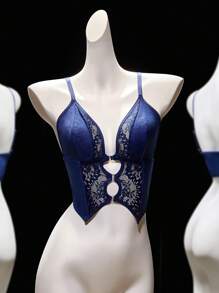 Spicy Aura 1pc Women's Lace Patchwork Wireless Bra - Navy Blue - View 5
