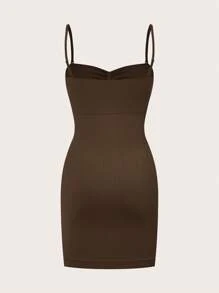 TryMe Women's Simple Solid Color Ruched Bust Bodycon Slip Dress, Summer - Chocolate Brown - View 2
