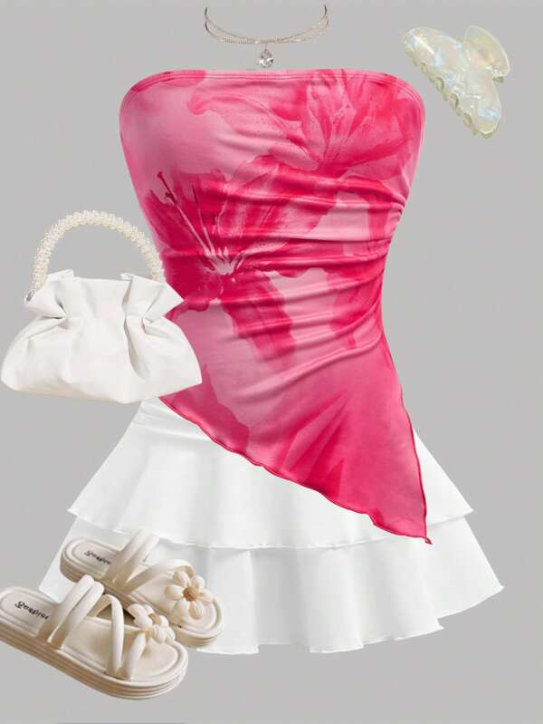 SHEIN Girlism Set ragazza pre-adolescente con top corto a volant e stampa floreale e gonna mini asimmetrica, coordinato comodo