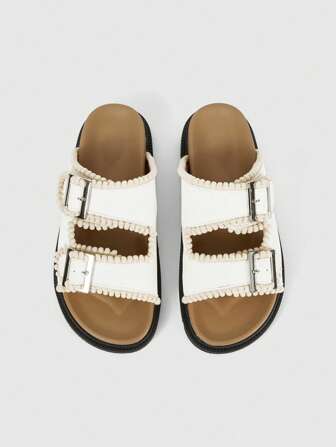 Fairycore Women's White Fringed Roman Beach Sandals, Open Toe Slip-On Casual Summer Slippers