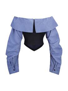 Sweetra Damen Große Größen College Stil minimalistisch sexy Off-Shoulder Farbblock Bluse, Herbst/Winter