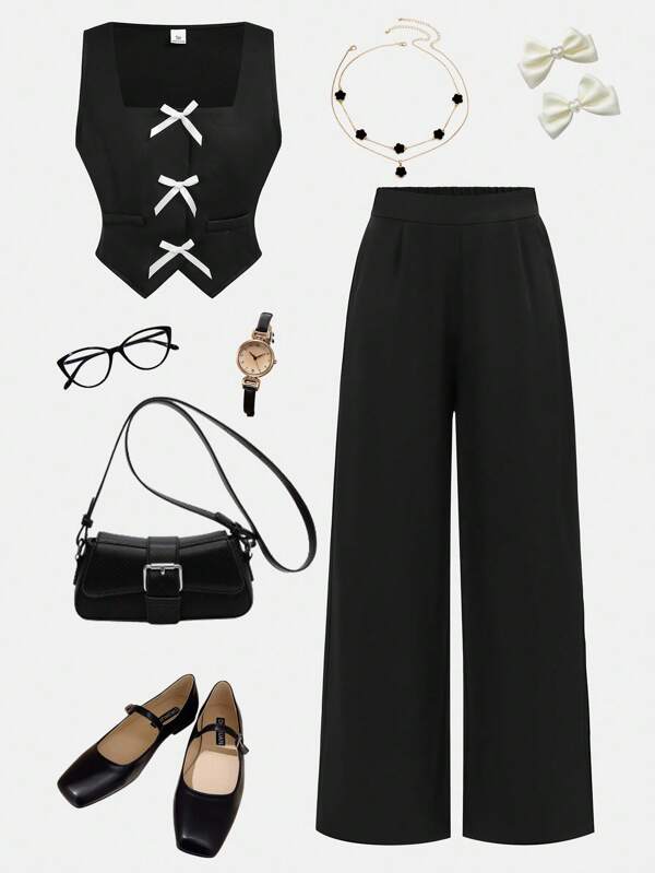 Girlism Conjunto de ropa informal/de verano elegante para adolescentes: Chaleco blazer con lazo negro, top holgado y pantalón pierna ancha, conjunto informal de 2 piezas, ropa a juego madre e hija, ropa escolar, para el Día de San Valentín, citas y eventos