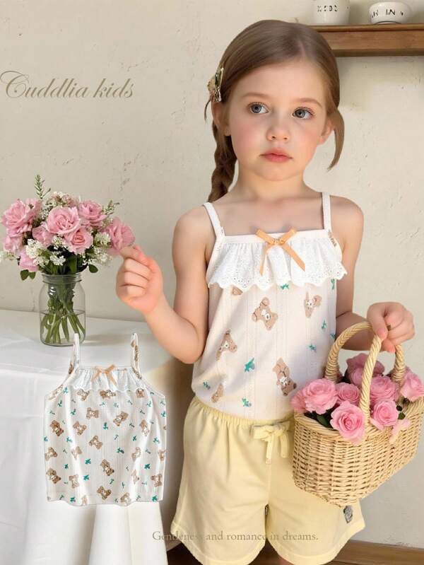 Jugendliche Mädchen Minimalistisches, frisches Aprikosen-Blümchen- und Bären-Muster Kragen Kontrast Spitzen Rüschen Schleife Dekor Camisole Lässiges Unterhemd Mädchen Sommer Outfit Jugendliche Mädchen Bekleidung Sommer Tops Kleine Mädchen Sommer Tops Kleinkinder Mädchen Sommer Kleidung
