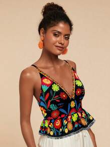 Travachic Women's Black Floral Print Ruffled Hem Camisole Top,Summer Boho Vacation Holiday Beach Clothes,Casual Festival Floral V Neck Sleeveless Tank Top - Black - View 6
