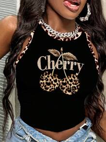Slaydiva 加大码豹纹樱桃印花休闲背心，适合夏季穿着，图案时尚，适合外出穿着 - 彩色 - 查看 1