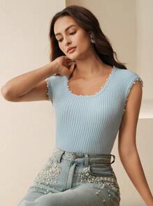Anewsta Blue Beaded Cap Sleeve Design T-Shirt, Fitted Knit Top For Summer - Baby Blue - View 2