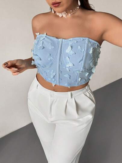 SHEIN Privé 优雅度假蝴蝶提花加大码抹胸，浪漫海滨假期与约会海军蓝时尚蝴蝶装饰时尚宽松女式衬衫