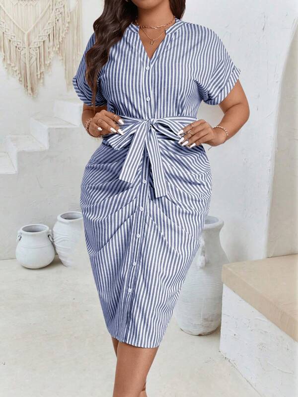 SHEIN Clasi Rochie casual cu umeri căzuți, cu decolteu în V și dungi, mărime plus