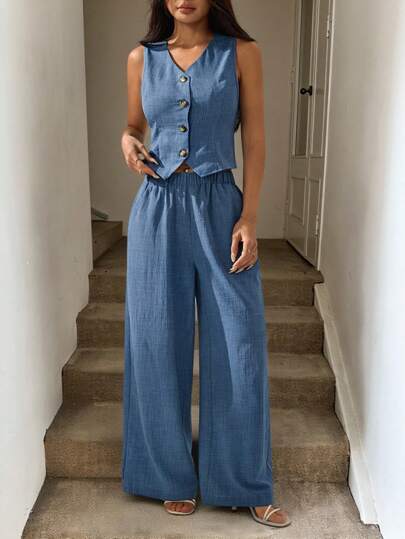 SHEIN PETITE Casual Old Money Style Women Outfit For Women Modest 2pcs Women Set: Blue Sleeveless Vest And Pants With Pockets, Suitable For Spring And Summer Outfits
