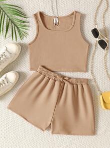 SHEIN Set de 2 piezas con top de punto y shorts holgados para niña preadolescente