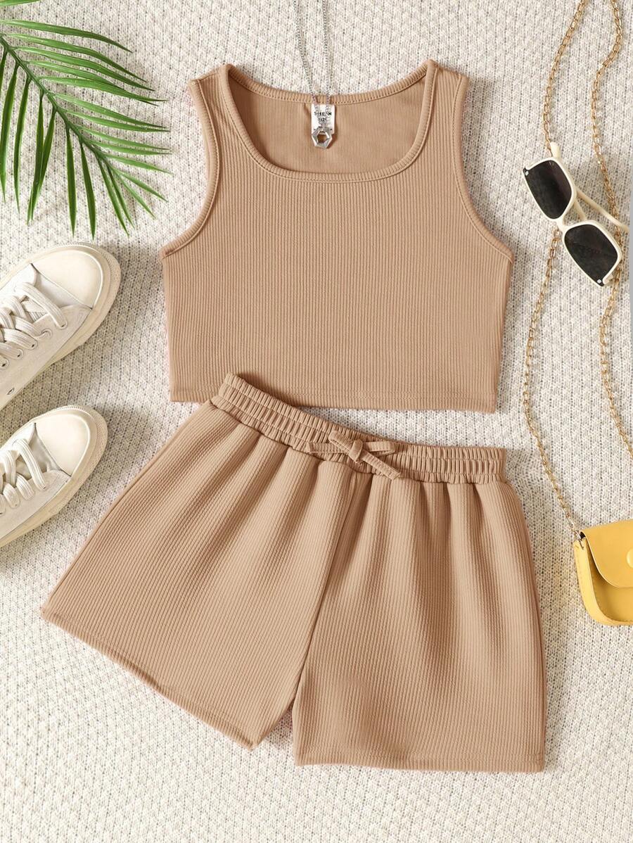 SHEIN Set de 2 piezas con top de punto y shorts holgados para niña preadolescente