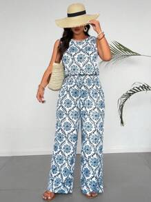 SHEIN Holidaya Bộ đồ liền thân không tay cạp chun in họa tiết, phù hợp cho mùa xuân, mùa hè, ngày lễ - Màu xanh nhạt - Xem 1