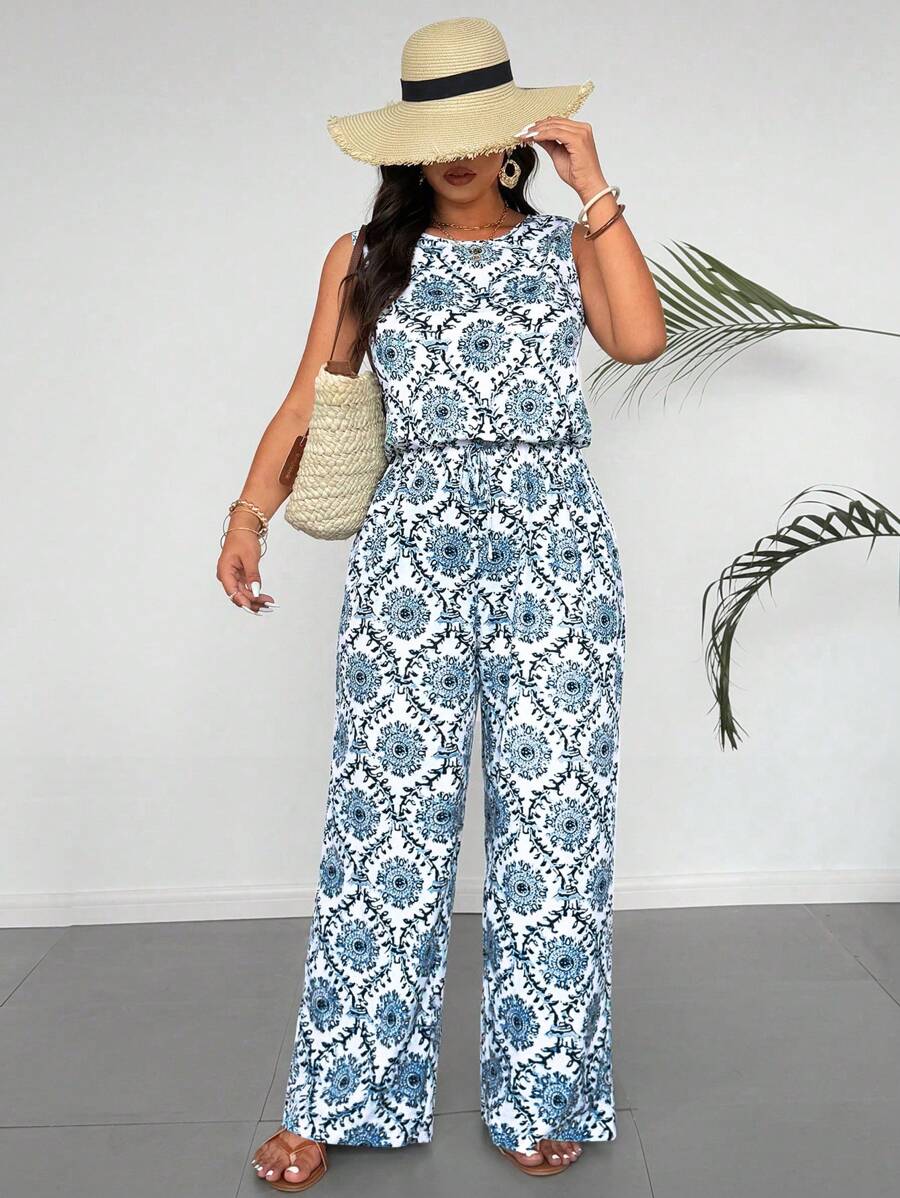 SHEIN Holidaya Bộ đồ liền thân không tay cạp chun in họa tiết, phù hợp cho mùa xuân, mùa hè, ngày lễ - Màu xanh nhạt - Xem 1