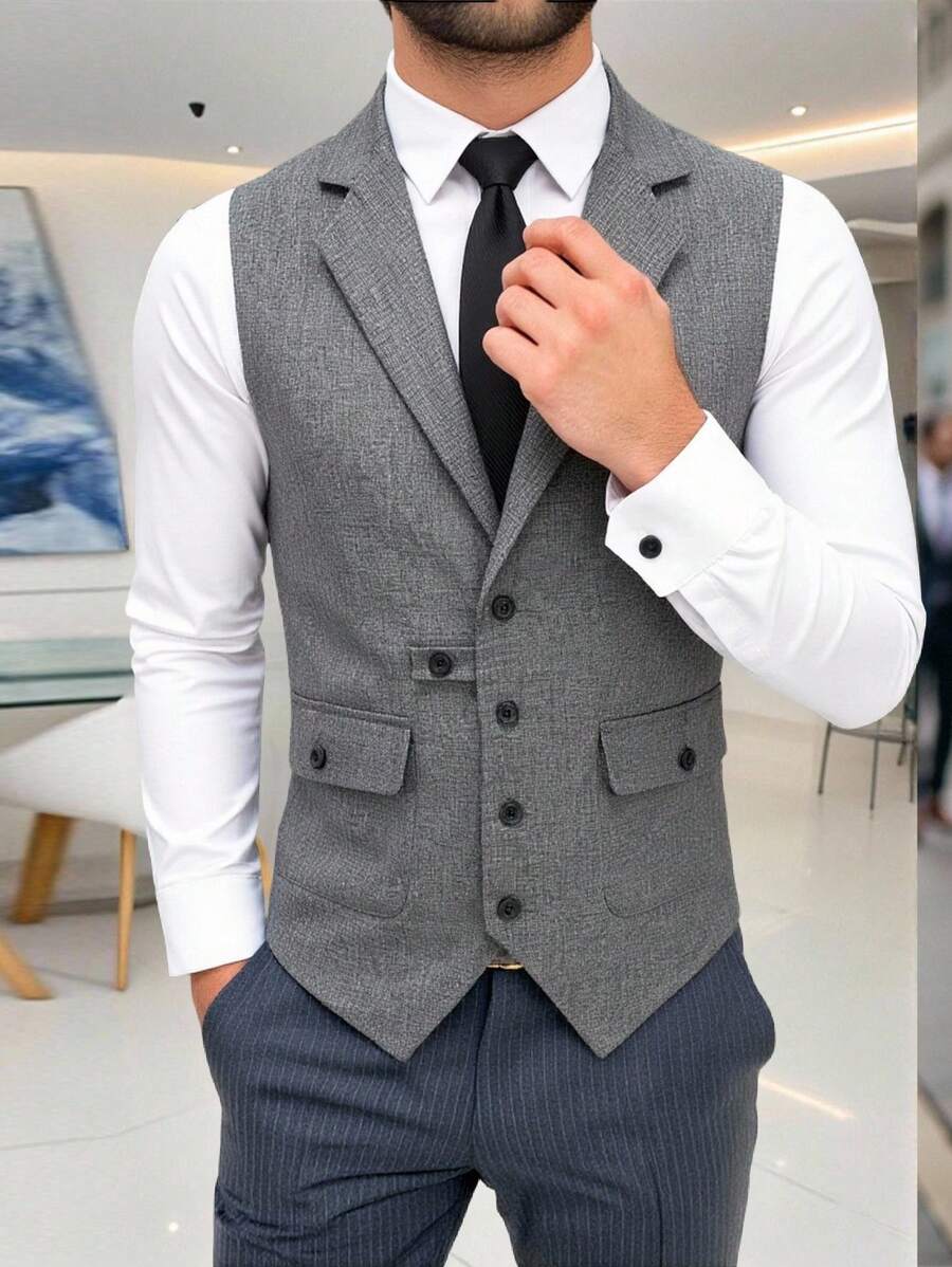 Manfinity Mode 简约前扣休闲/商务男士马甲 - 深灰色 - 查看 1