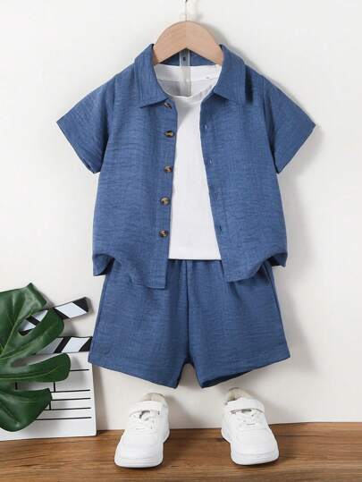 SHEIN Streecool Kids 2 件装男童休闲短袖衬衫和短裤套装