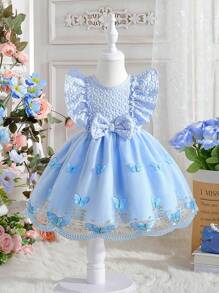Souflis Souflis Gaun Bayi Perempuan Kontras Mesh Ruffle Bow Depan Butterfly - Biru - View 2