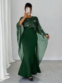 Maweii 大码优雅女式网眼亮片拼接圆领修身休闲连衣裙 - 綠色 - 查看 3