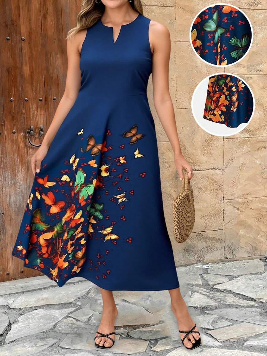 EMERY ROSE Plus Size Women Casual Butterfly Print Vacation Dress - Blue - View 1