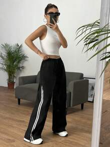 SHEIN EZwear Quần nữ Dây kéo Sọc bên Sọc Giải trí - màu đen - Xem 6