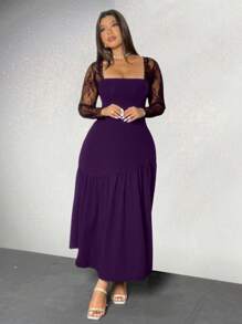 Viva Relle Plus Size Lace Sleeve A-Line Solid Color Jumpsuit Dress Fall Cloth For Women - Purple - View 6