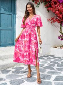 SHEIN Clasi Shirred Split Hem Romantic Vacation Dress - Hot Pink - View 3