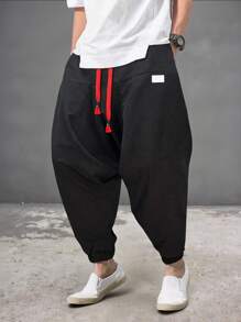 Claim Dot Pantalones holgados de tiro caído casuales y sueltos tipo harem para hombre, pantalones anchos, pantalones negros de verano, otoño - Negro - Ver 1