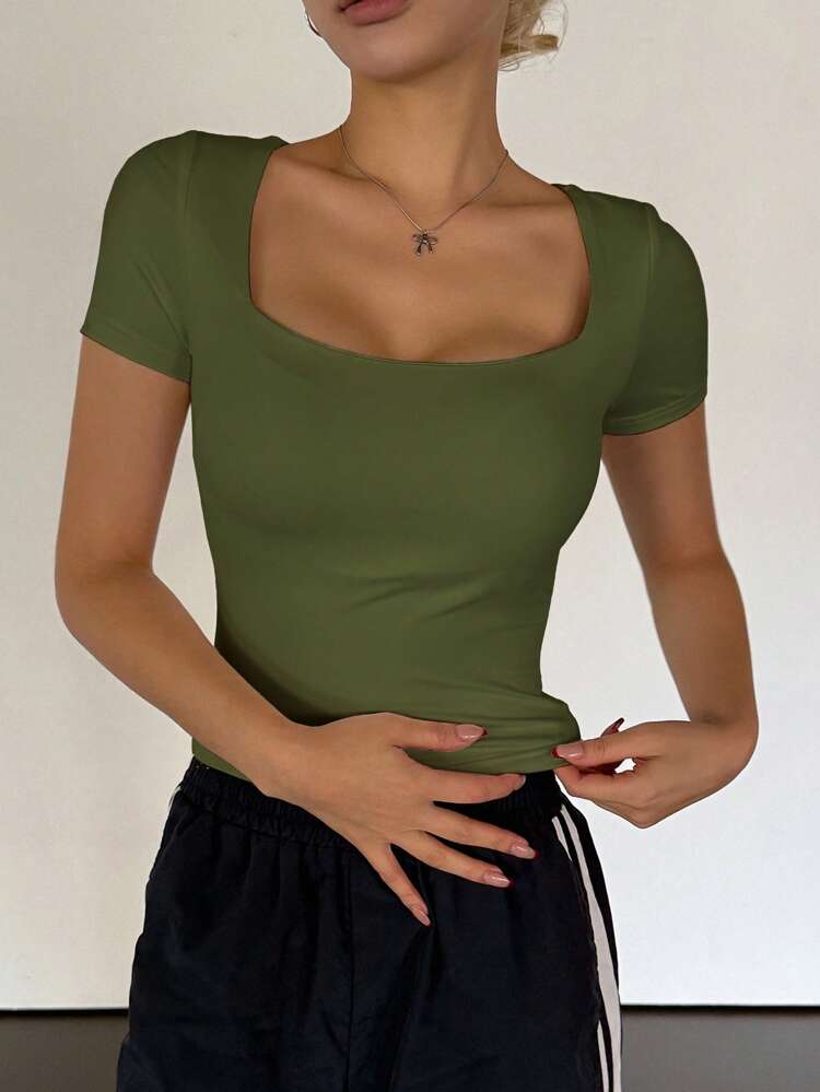 Women's Summer Square Neck Short Sleeve Pure Simple Sexy Crop T-Shirt, Casual Fitted