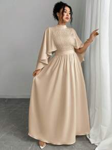 Elenzga 2025 Women Plus Size Elegant Party Dress With Waistband, Ruffle Sleeve, Front Pleat, Ruffle Shawl Collar, Solid Color, Back Zipper Closure - Khaki - View 6