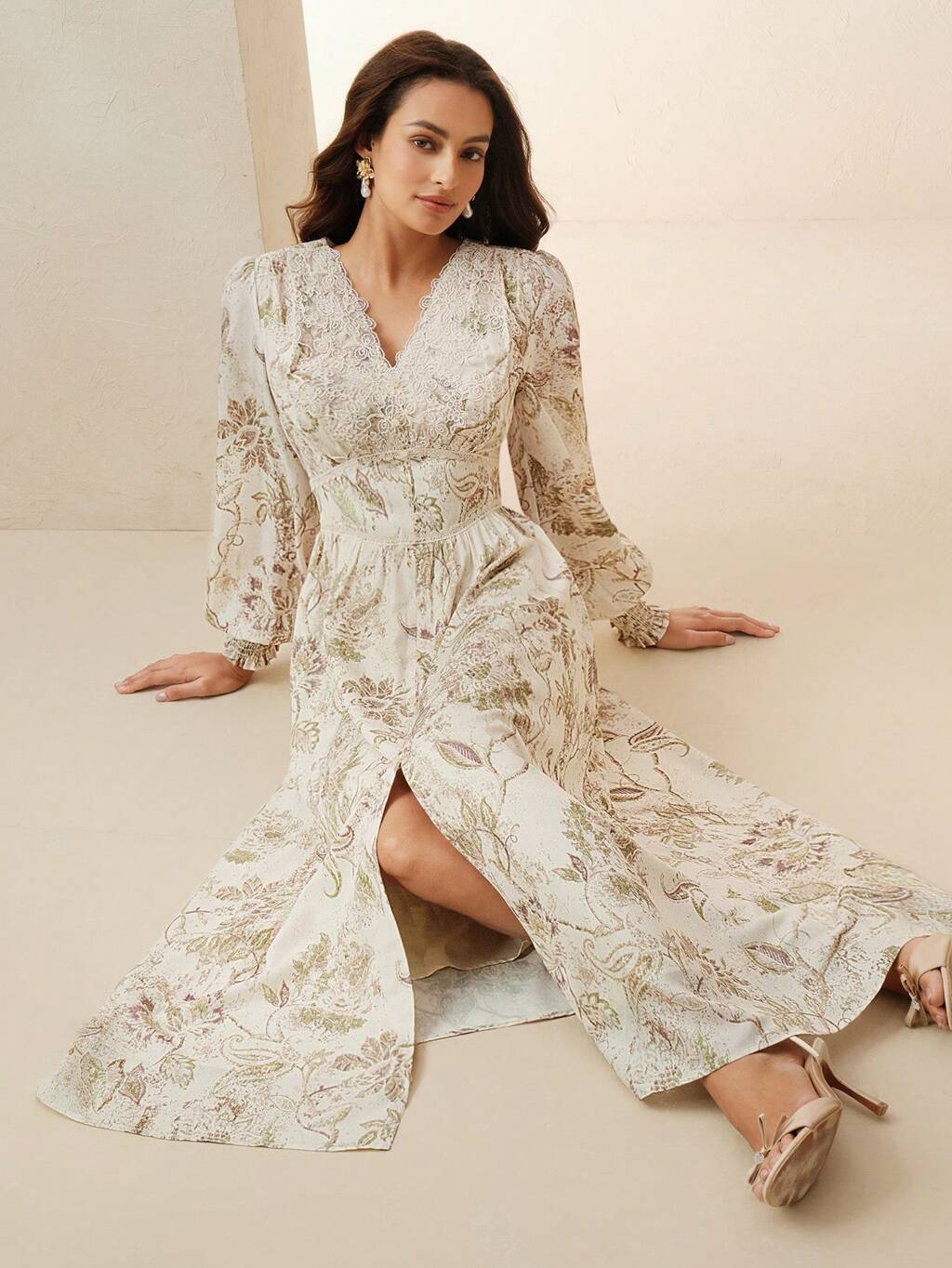 New Arrival Spring V-Neck Long Sleeve Ditsy Floral Bohemian Style Maxi Dress For Women