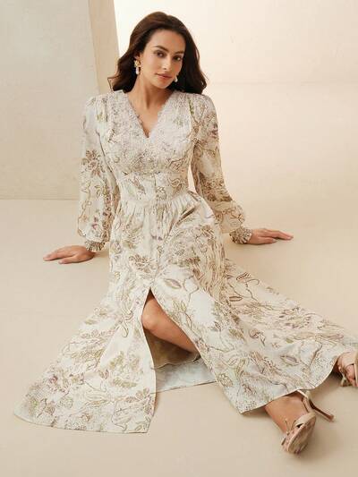 New Arrival Spring V-Neck Long Sleeve Ditsy Floral Bohemian Style Maxi Dress For Women