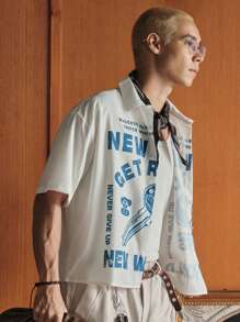 SWAVVY Camisa informal de manga corta con botón y estampado de letra para hombre, de corte holgado