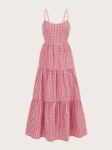 SHEIN LUNE Váy hai dây buộc nơ giản dị, Đầm xuân/hè hè dành cho nữ - Đỏ và trắng - Xem 9