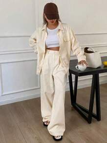 DAZY Conjunto de camisa holgada con cinturón de unicolor y jeans de pierna ancha para mujer, ropa de otoño - Albaricoque - Ver 8