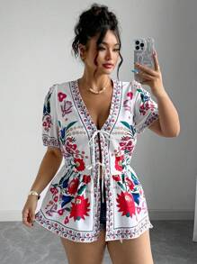 SHEIN CURVE+ 夏季加大码印花扭纹V领短袖衬衫 - 彩色 - 查看 1