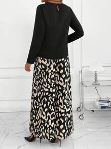 SHEIN Clasi 1 套女士优雅纯色长袖衬衫和豹纹阔腿裤套装，秋季