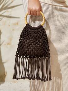 SHEIN SXY Bolsos de asa superior para damas y mujeres, de moda, elegantes, sencillos, personalizados, versátiles, hechos a mano a ganchillo, con flecos, para la playa, vacaciones, días festivos, verano, y la