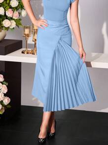 Modelyn 女式不对称肩部褶皱拼接优雅浪漫连衣裙，春夏 - 霧霾藍 - 查看 5