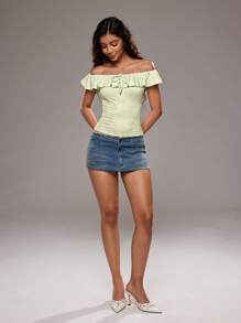 TRNVIE Camiseta de mujer verde menta con estampado floral vintage, volantes y hombros descubiertos, para primavera/verano