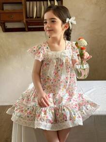SHEIN LMoss Kids Vestido de tirantes con estampado de bandera y estrellas americanas para niña