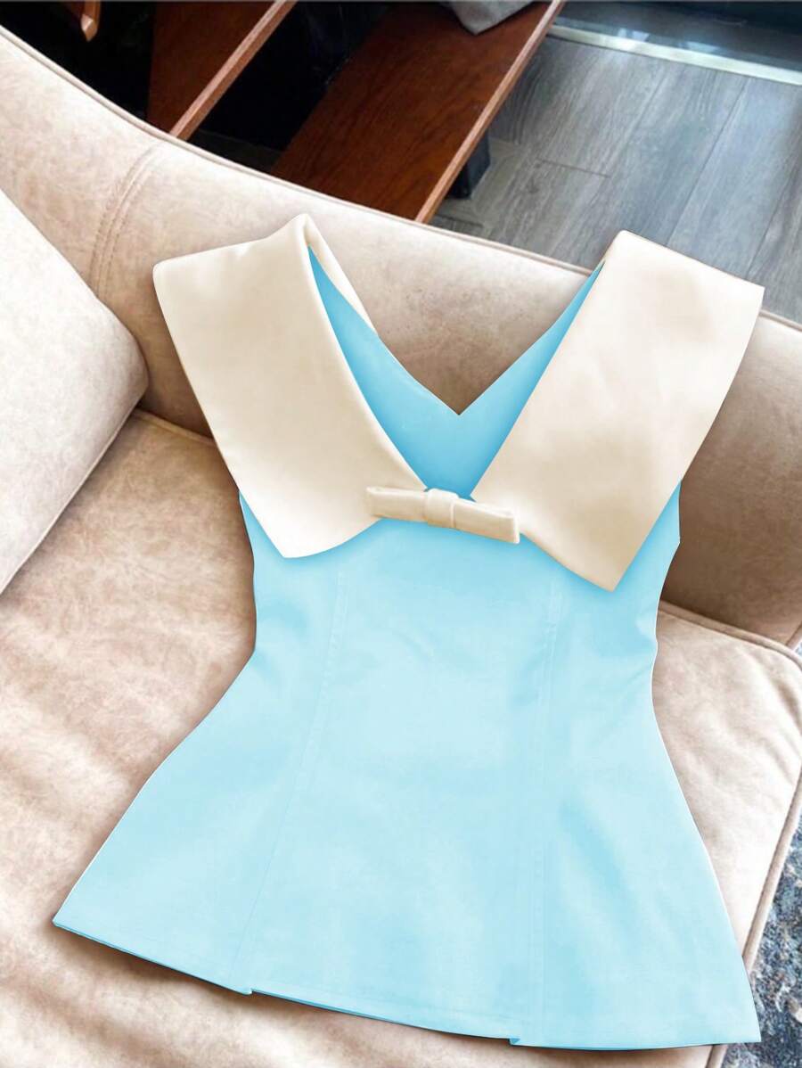 SHEIN Clasi Blus Fashion Wanita Terbaru untuk Musim Semi/Panas dengan Desain Elegan dan Kerah yang Melangsingkan - Baby Blue - View 1