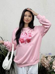 SHEIN Loose Casual Minimalist Comfy Round Neck Floral Graphic Sweatshirt, For Teen Girl,In Fall/Winter - Pink - View 1