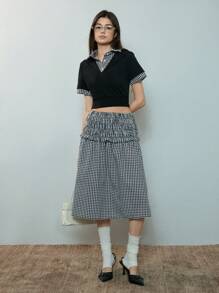 SHEIN MOD 黑色撞色格子拼布仿两件套学院风T恤 - 黑色 - 查看 5