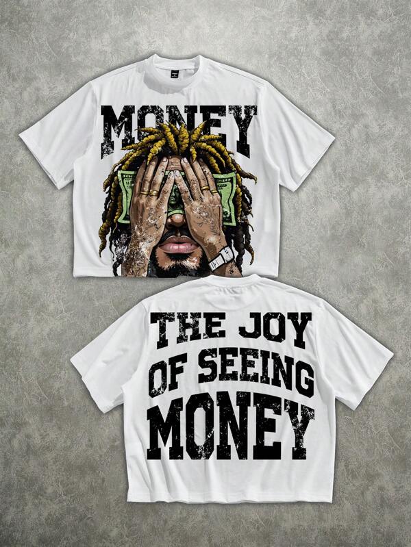 Manfinity ZONE917 Oversized Street Hip Hop Cash Money Portrait Graphic Cropped Loose T-Shirt