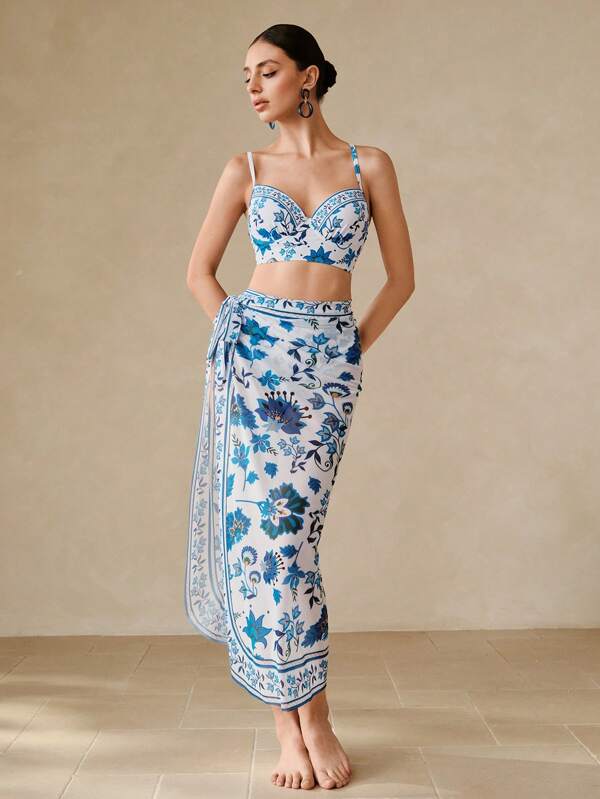 Swim Oasis Set de costum de baie pentru femei, cu imprimeu floral delicat, stil baroc, talie înaltă, cu cupe și cadru din sârmă, și fustă cu volane și legături