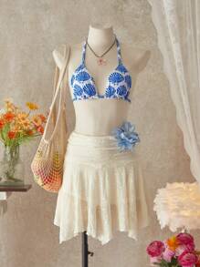 SHEIN Swim Top de Bikini de Mujer con Cuello de Halter Estampado Completo - Multicolor - Ver 7